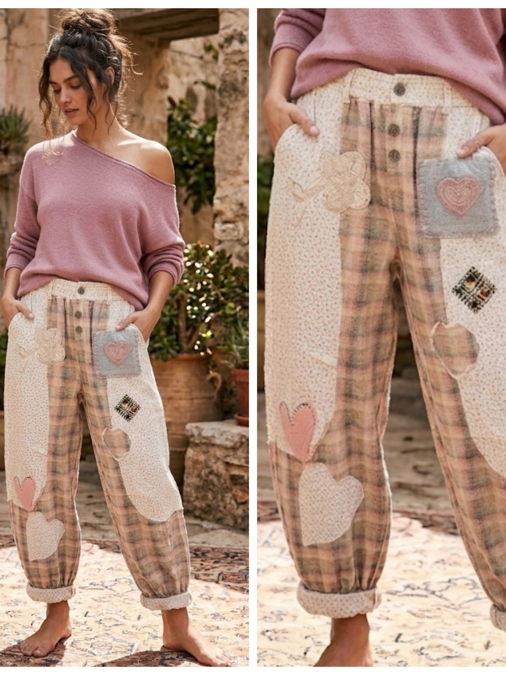Patchwork Heart Appliqué Plaid Floral Jogger Pants - Pink